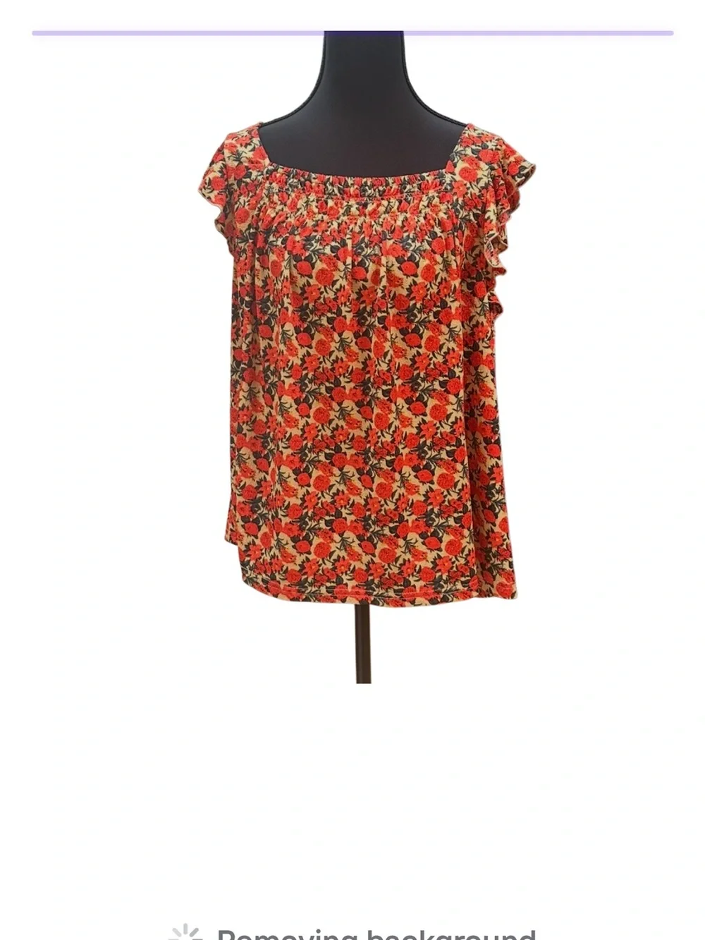 MELLODAY Red Floral Smocked Square-Neck Tank with Ruffle Cap Sleeves Size L